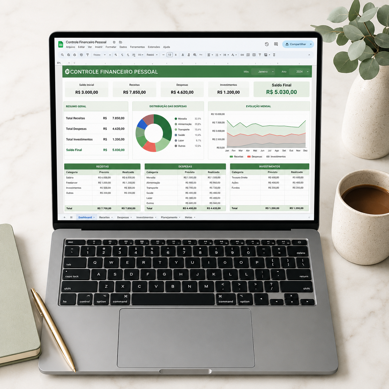 Mockup da Planilha de Organização Financeira